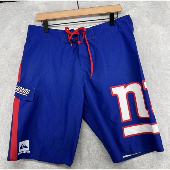 Quicksilver New‎ York Giant Board Shorts Mens Sz 34 Logo Blue Unlined Drawstring - Picture 1 of 5